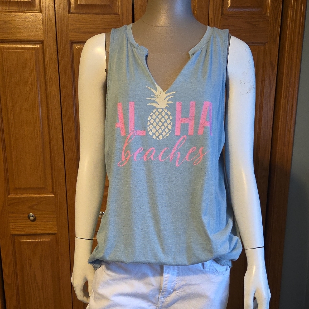 Maurices Blue Tank Top with Pink and Gold Graphic